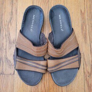 Merrell‎ Piccolo Brown Leather Slide Sandals 8 Summer Cruise Beach Neutral